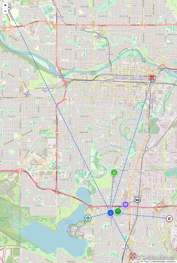 Daily accessibility map for 108 6919 ELBOW DR SW, Calgary showing nearby schools, grocery stores, parks, LRT stations and nearby amenities