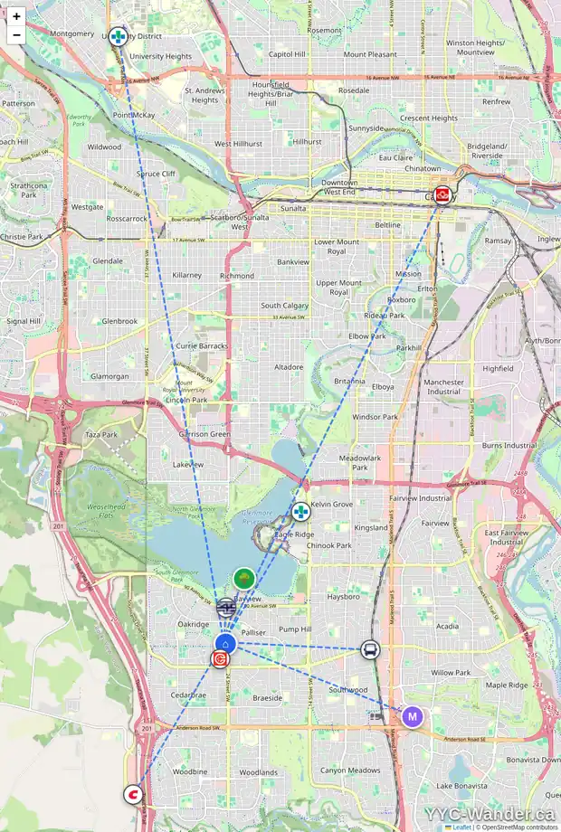 Daily accessibility map for 303 9803 24 ST SW, Calgary showing nearby schools, grocery stores, parks, LRT stations and nearby amenities