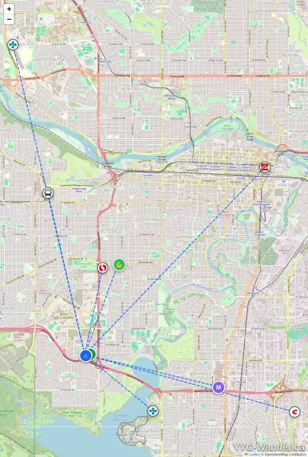 Daily accessibility map for 2745 DALLAIRE AV SW, Calgary showing nearby schools, grocery stores, parks, LRT stations and nearby amenities