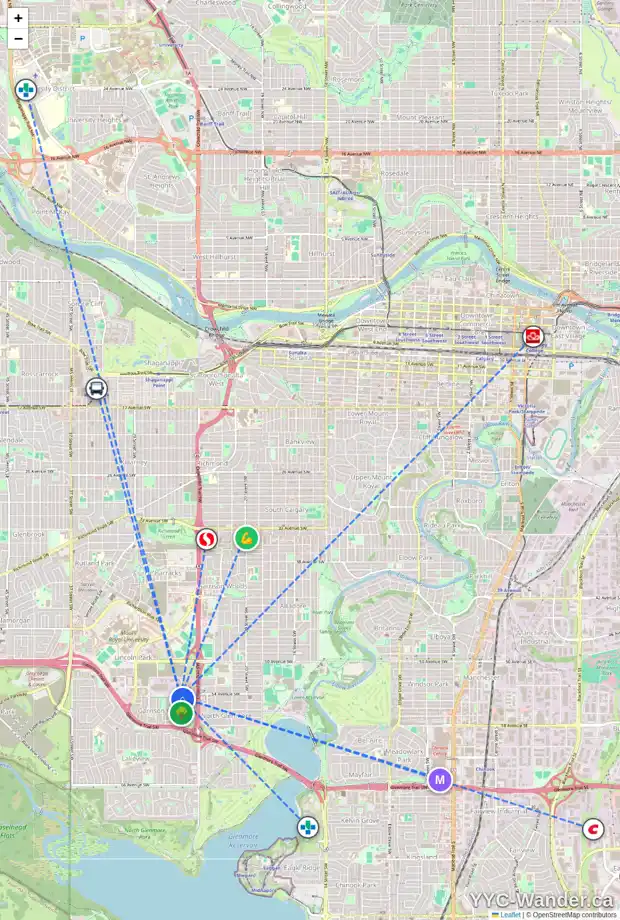 Daily accessibility map for 5515 FORAND ST SW, Calgary showing nearby schools, grocery stores, parks, LRT stations and nearby amenities