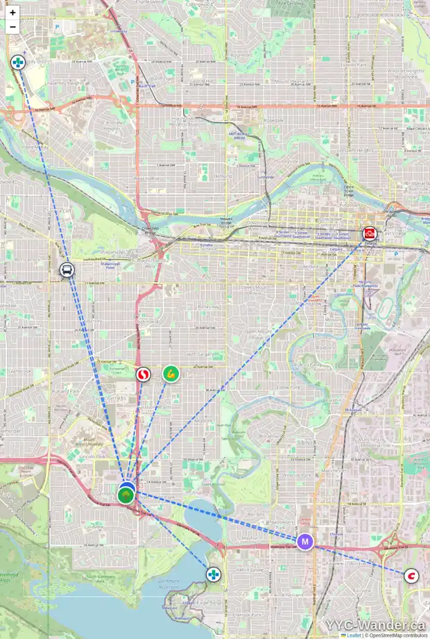 Daily accessibility map for 5543 FORAND ST SW, Calgary showing nearby schools, grocery stores, parks, LRT stations and nearby amenities