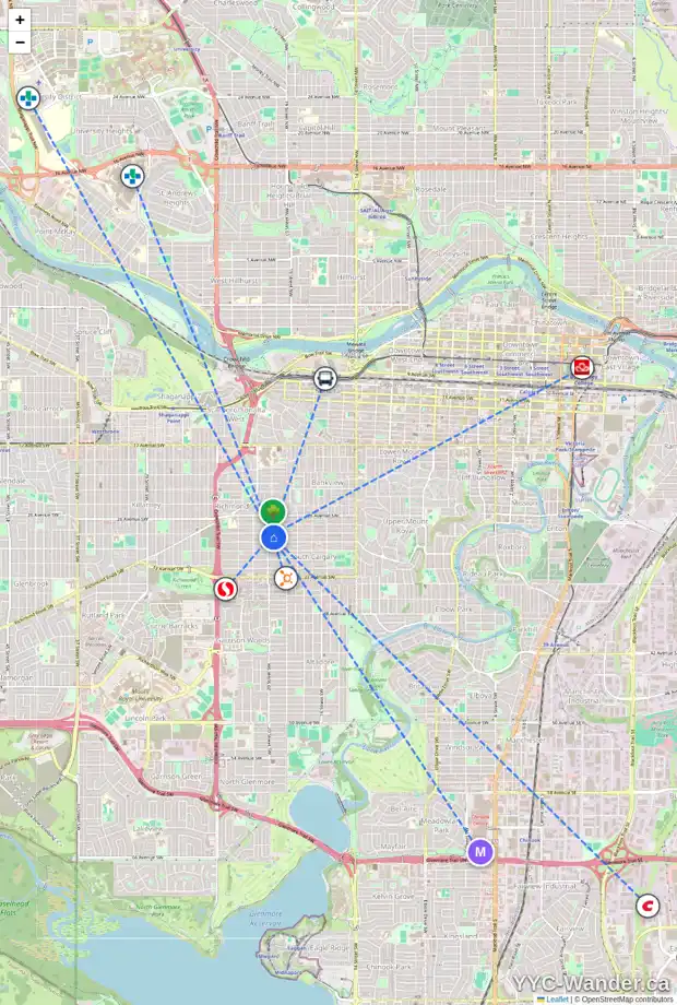 Daily accessibility map for 2033 28 AV SW, Calgary showing nearby schools, grocery stores, parks, LRT stations and nearby amenities