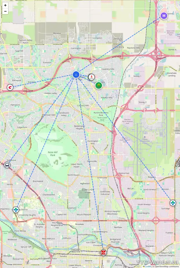 Daily accessibility map for 10 PANATELLA HL NW, Calgary showing nearby schools, grocery stores, parks, LRT stations and nearby amenities