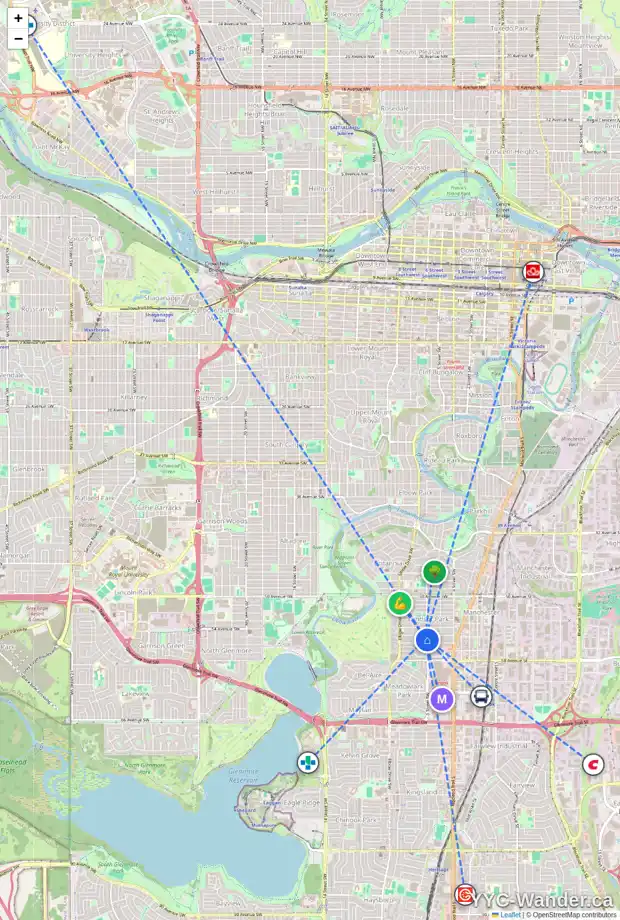 Daily accessibility map for 5615 5 ST SW, Calgary showing nearby schools, grocery stores, parks, LRT stations and nearby amenities