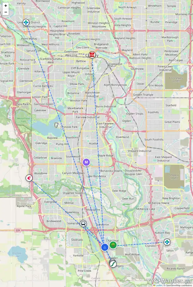 Daily accessibility map for 350 CHAPALINA GD SE, Calgary showing nearby schools, grocery stores, parks, LRT stations and nearby amenities
