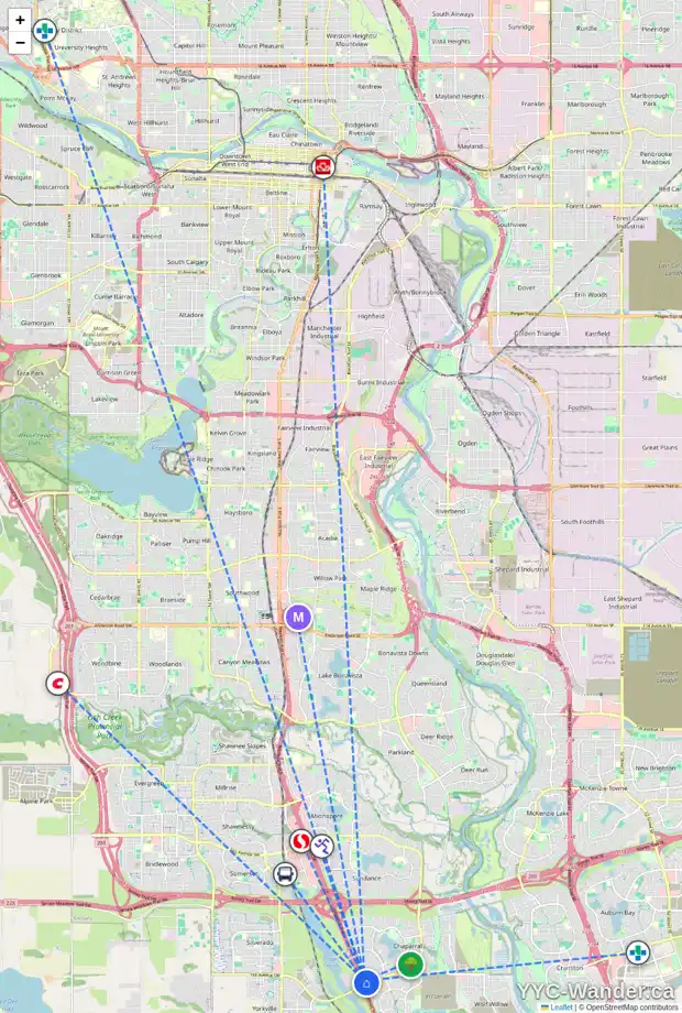 Daily accessibility map for 229 CHAPALINA ME SE, Calgary showing nearby schools, grocery stores, parks, LRT stations and nearby amenities