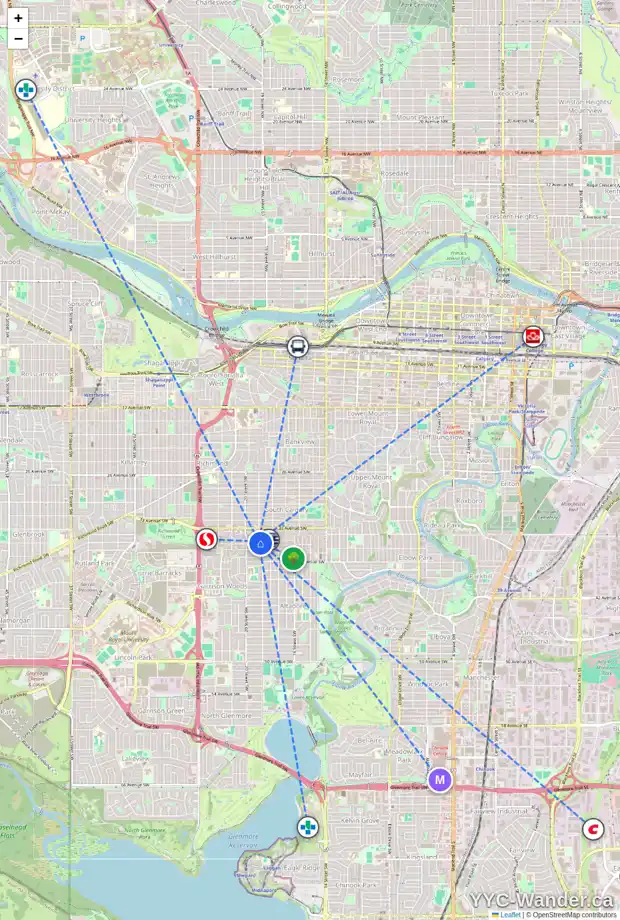 Daily accessibility map for 105 2010 35 AV SW, Calgary showing nearby schools, grocery stores, parks, LRT stations and nearby amenities