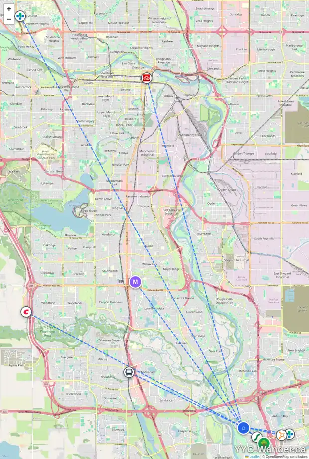 Daily accessibility map for 153 CRANWELL BA SE, Calgary showing nearby schools, grocery stores, parks, LRT stations and nearby amenities