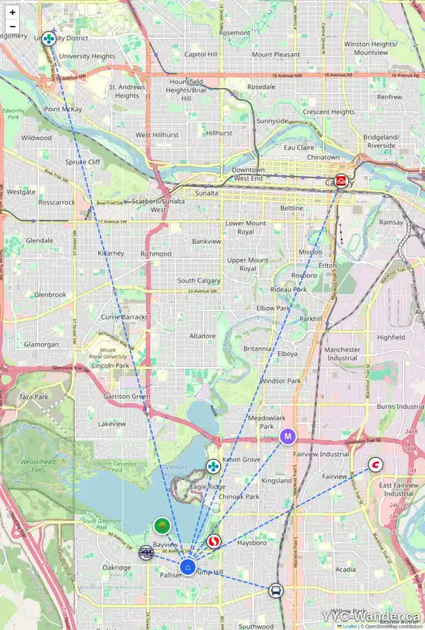 Daily accessibility map for 152 PUMP HILL GD SW, Calgary showing nearby schools, grocery stores, parks, LRT stations and nearby amenities