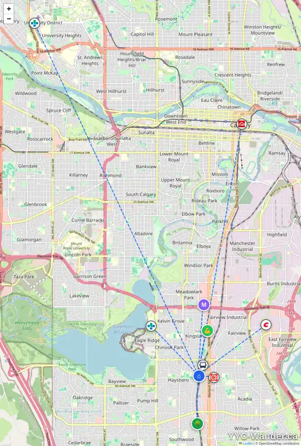 Daily accessibility map for 16 HARVEY PL SW, Calgary showing nearby schools, grocery stores, parks, LRT stations and nearby amenities