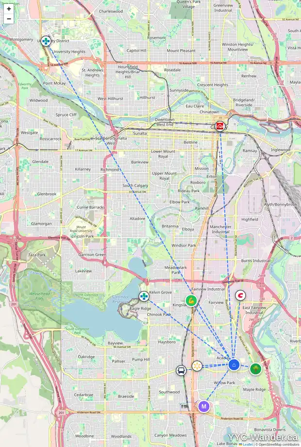 Daily accessibility map for 9607 ASSINIBOINE RD SE, Calgary showing nearby schools, grocery stores, parks, LRT stations and nearby amenities