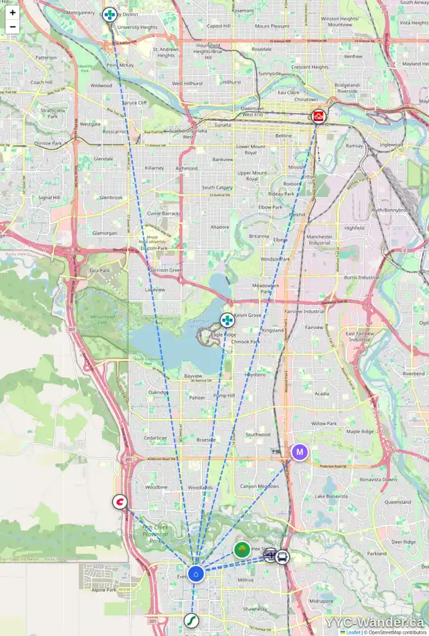 Daily accessibility map for 432 EVERBROOK WY SW, Calgary showing nearby schools, grocery stores, parks, LRT stations and nearby amenities