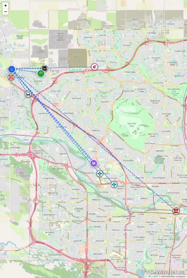 Daily accessibility map for 104 ROCKYSPRING GV NW, Calgary showing nearby schools, grocery stores, parks, LRT stations and nearby amenities