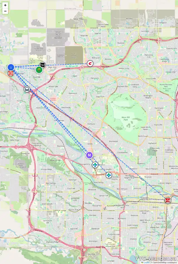 Daily accessibility map for 228 ROCKYSPRING GV NW, Calgary showing nearby schools, grocery stores, parks, LRT stations and nearby amenities
