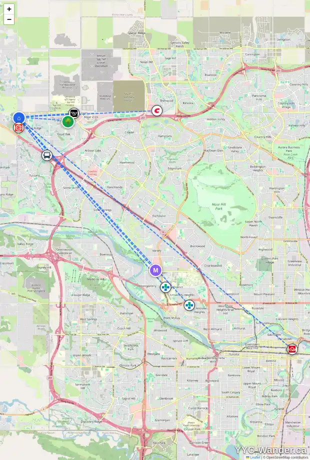 Daily accessibility map for 264 ROCKYSPRING GV NW, Calgary showing nearby schools, grocery stores, parks, LRT stations and nearby amenities