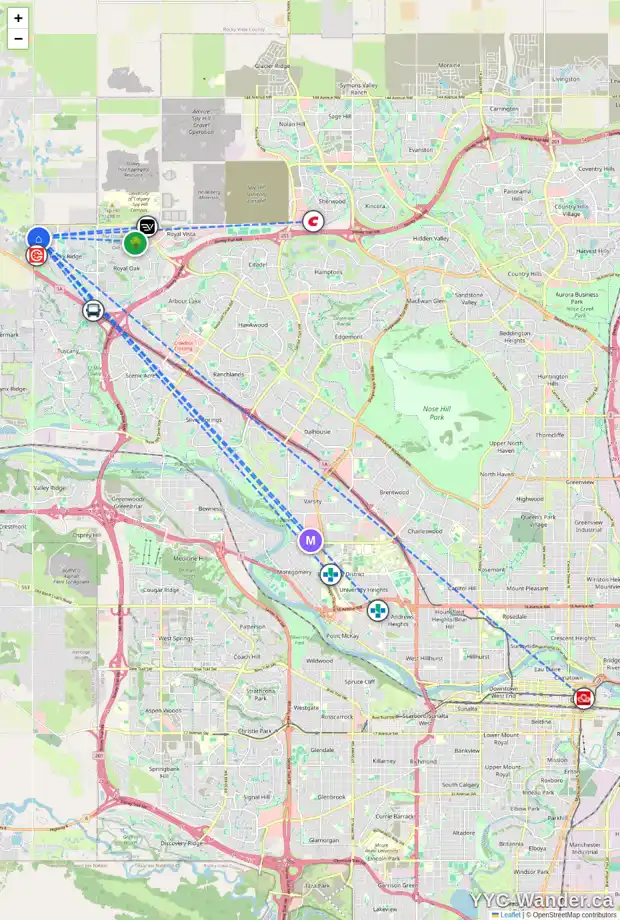 Daily accessibility map for 312 ROCKYSPRING GV NW, Calgary showing nearby schools, grocery stores, parks, LRT stations and nearby amenities