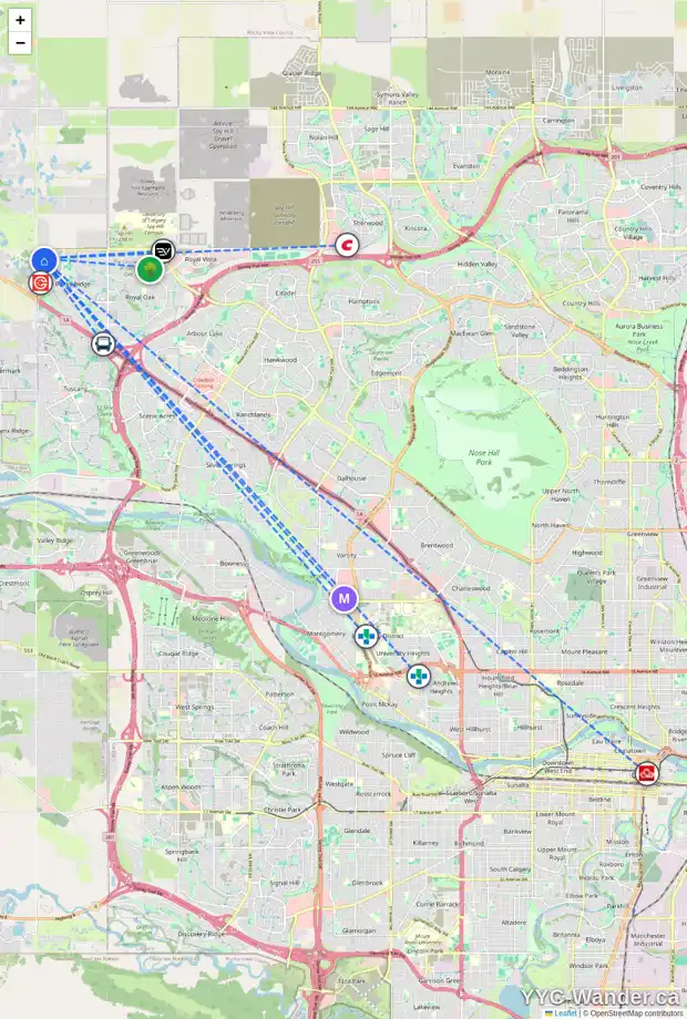 Daily accessibility map for 380 ROCKYSPRING GV NW, Calgary showing nearby schools, grocery stores, parks, LRT stations and nearby amenities