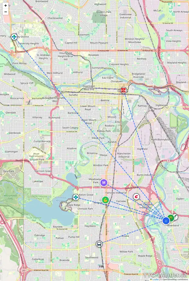 Daily accessibility map for 87 RIVERBROOK WY SE, Calgary showing nearby schools, grocery stores, parks, LRT stations and nearby amenities