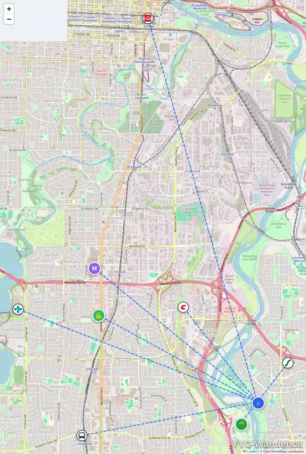 Daily accessibility map for 129 RIVERVIEW PA SE, Calgary showing nearby schools, grocery stores, parks, LRT stations and nearby amenities