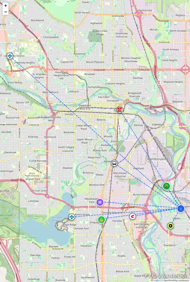 Daily accessibility map for 2232 CRESTWOOD RD SE, Calgary showing nearby schools, grocery stores, parks, LRT stations and nearby amenities