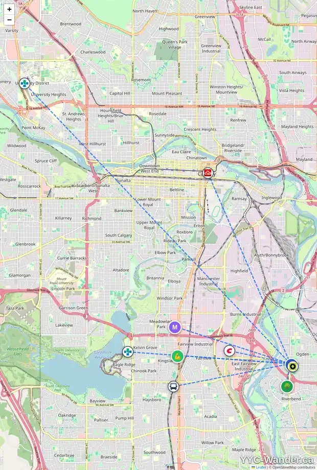 Daily accessibility map for 1908 76 AV SE, Calgary showing nearby schools, grocery stores, parks, LRT stations and nearby amenities