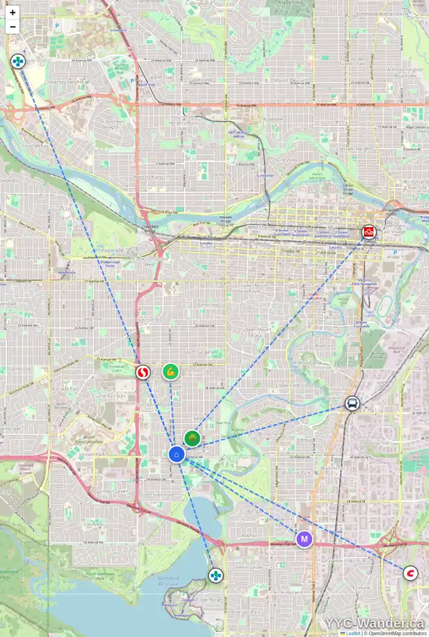 Daily accessibility map for 2029 49 AV SW, Calgary showing nearby schools, grocery stores, parks, LRT stations and nearby amenities