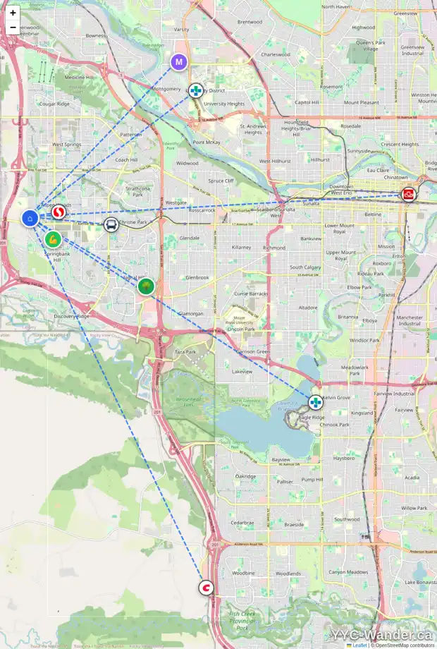 Daily accessibility map for 156 ASPEN HILLS CL SW, Calgary showing nearby schools, grocery stores, parks, LRT stations and nearby amenities