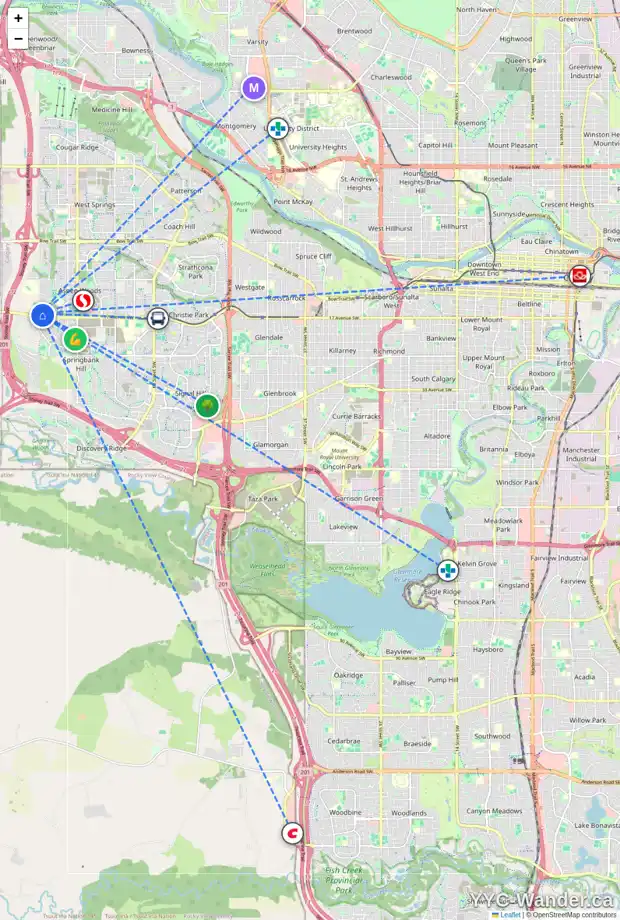 Daily accessibility map for 200 ASPEN HILLS CL SW, Calgary showing nearby schools, grocery stores, parks, LRT stations and nearby amenities