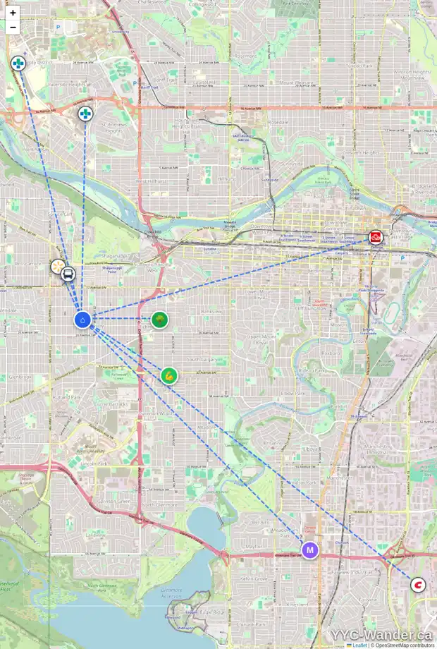 Daily accessibility map for 2411 31 ST SW, Calgary showing nearby schools, grocery stores, parks, LRT stations and nearby amenities