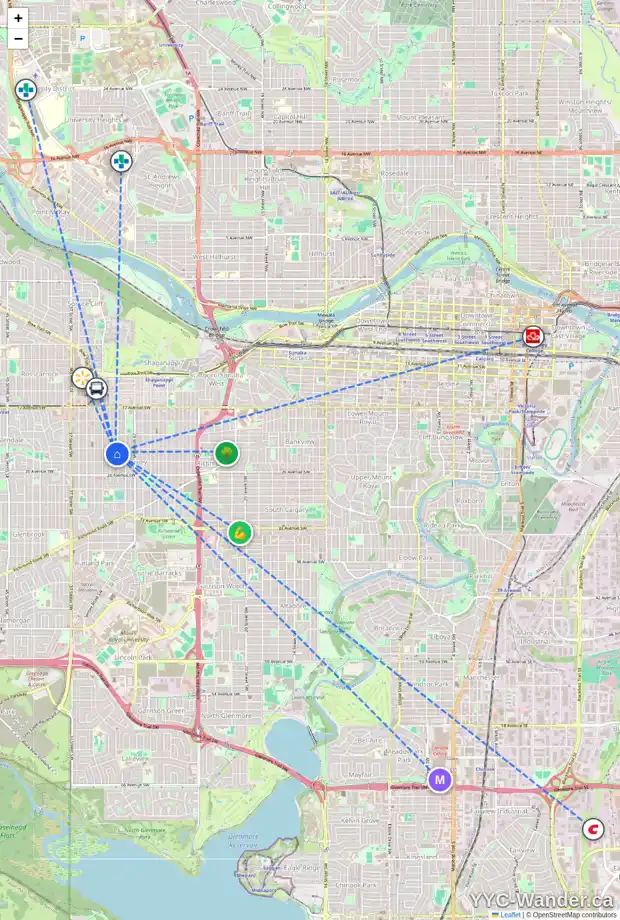 Daily accessibility map for 2413 31 ST SW, Calgary showing nearby schools, grocery stores, parks, LRT stations and nearby amenities
