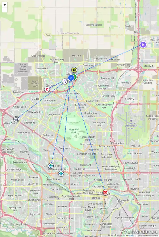 Daily accessibility map for 135 EVANSCOVE HT NW, Calgary showing nearby schools, grocery stores, parks, LRT stations and nearby amenities