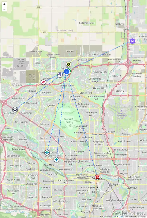 Daily accessibility map for 167 EVANSCOVE HT NW, Calgary showing nearby schools, grocery stores, parks, LRT stations and nearby amenities