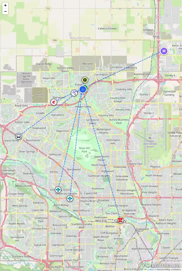Daily accessibility map for 183 EVANSCOVE HT NW, Calgary showing nearby schools, grocery stores, parks, LRT stations and nearby amenities