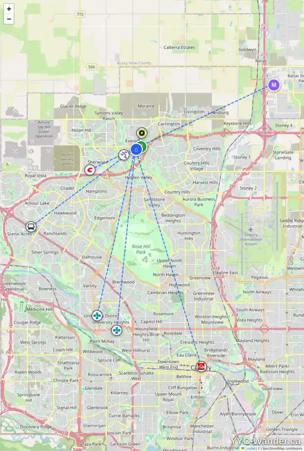 Daily accessibility map for 44 EVANSCOVE HT NW, Calgary showing nearby schools, grocery stores, parks, LRT stations and nearby amenities