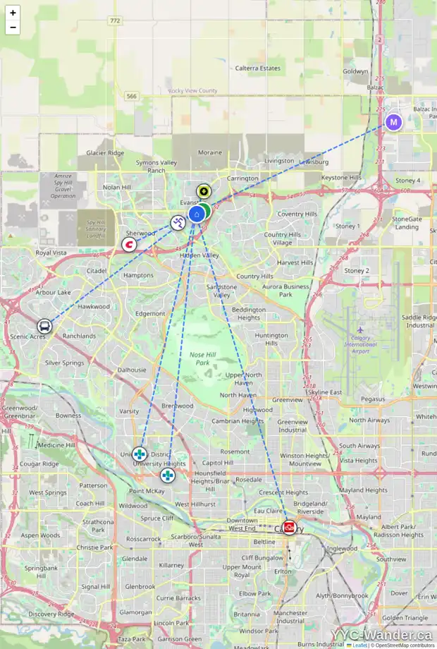 Daily accessibility map for 154 EVANSCOVE HT NW, Calgary showing nearby schools, grocery stores, parks, LRT stations and nearby amenities