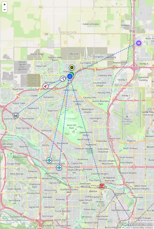 Daily accessibility map for 15 EVANSCOVE HT NW, Calgary showing nearby schools, grocery stores, parks, LRT stations and nearby amenities