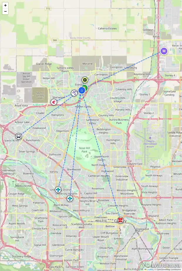 Daily accessibility map for 39 EVANSCOVE HT NW, Calgary showing nearby schools, grocery stores, parks, LRT stations and nearby amenities