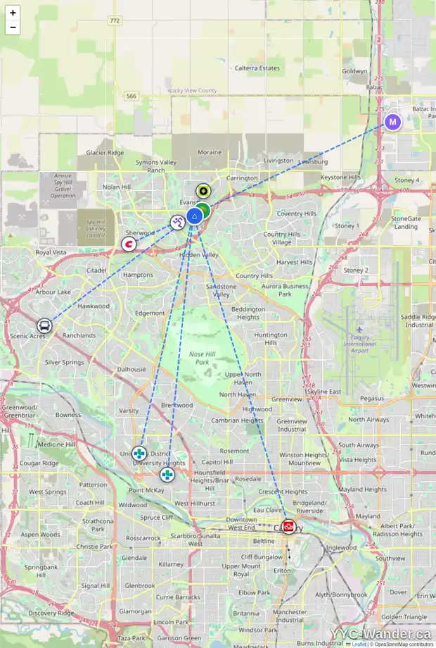 Daily accessibility map for 59 EVANSCOVE HT NW, Calgary showing nearby schools, grocery stores, parks, LRT stations and nearby amenities