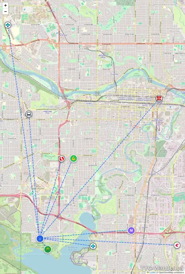 Daily accessibility map for 6801 LOCKE CO SW, Calgary showing nearby schools, grocery stores, parks, LRT stations and nearby amenities