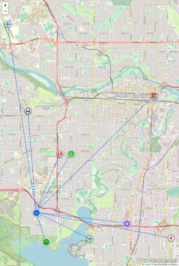 Daily accessibility map for 3447 LANE CR SW, Calgary showing nearby schools, grocery stores, parks, LRT stations and nearby amenities