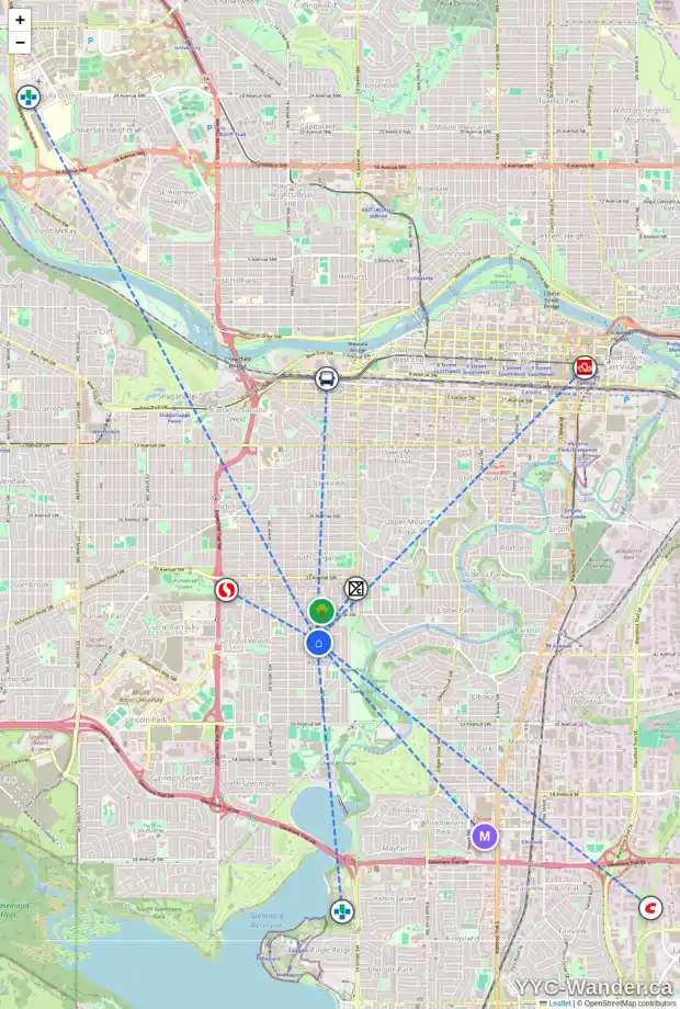Daily accessibility map for 4120 16A ST SW, Calgary showing nearby schools, grocery stores, parks, LRT stations and nearby amenities