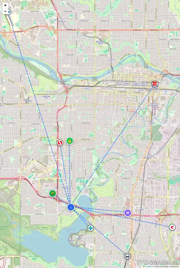 Daily accessibility map for 6420 LAURENTIAN WY SW, Calgary showing nearby schools, grocery stores, parks, LRT stations and nearby amenities