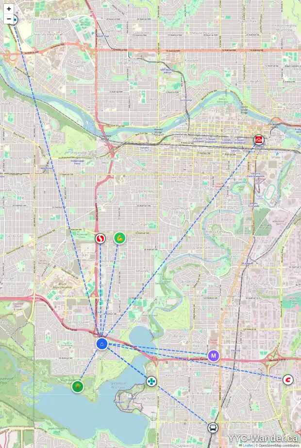 Daily accessibility map for 6412 LOMBARDY CR SW, Calgary showing nearby schools, grocery stores, parks, LRT stations and nearby amenities