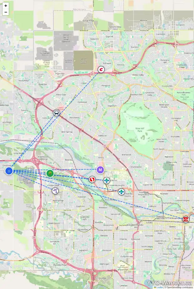 Daily accessibility map for 14 CRESTRIDGE ME SW, Calgary showing nearby schools, grocery stores, parks, LRT stations and nearby amenities