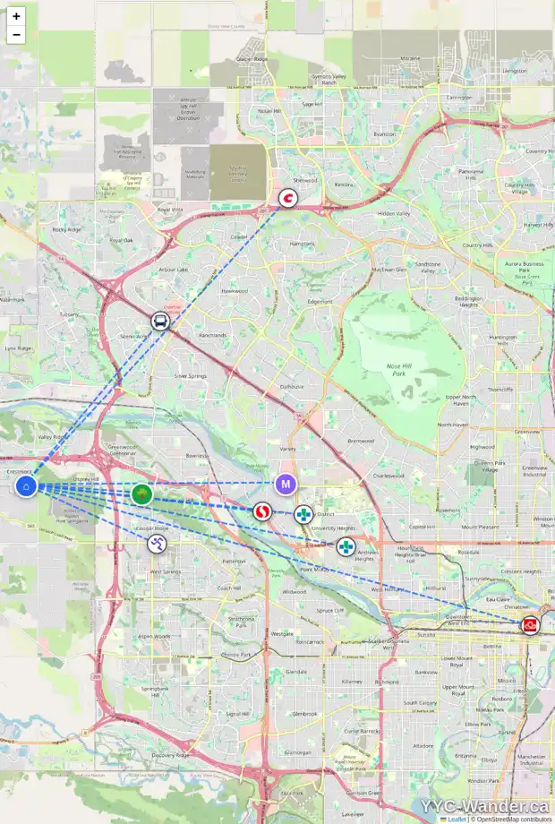 Daily accessibility map for 13 CRESTRIDGE RI SW, Calgary showing nearby schools, grocery stores, parks, LRT stations and nearby amenities