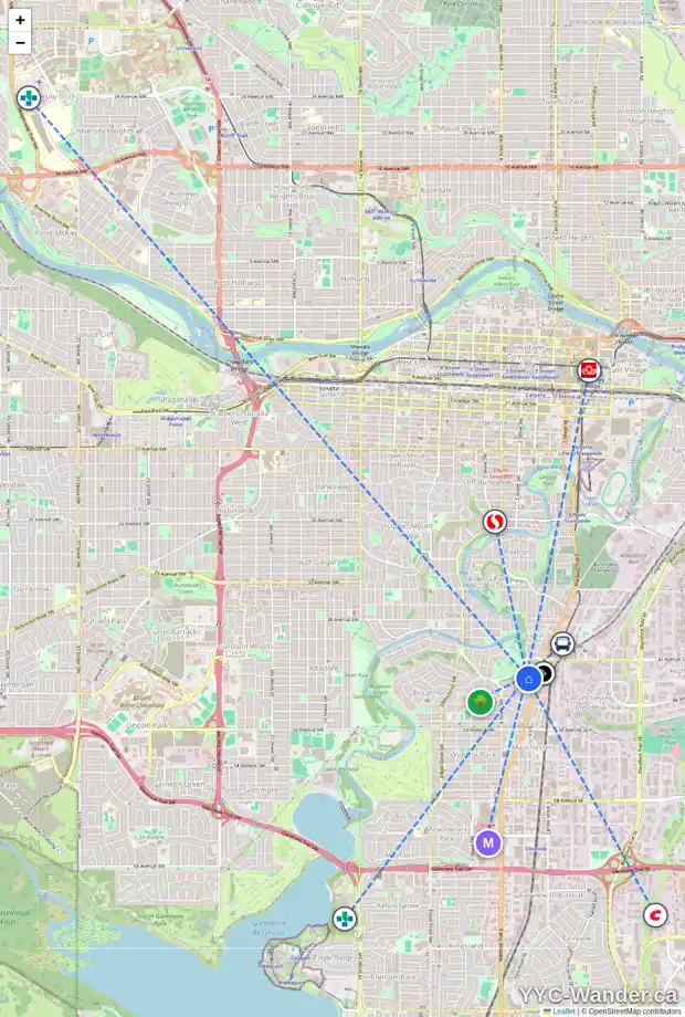 Daily accessibility map for 4504 STANLEY DR SW, Calgary showing nearby schools, grocery stores, parks, LRT stations and nearby amenities