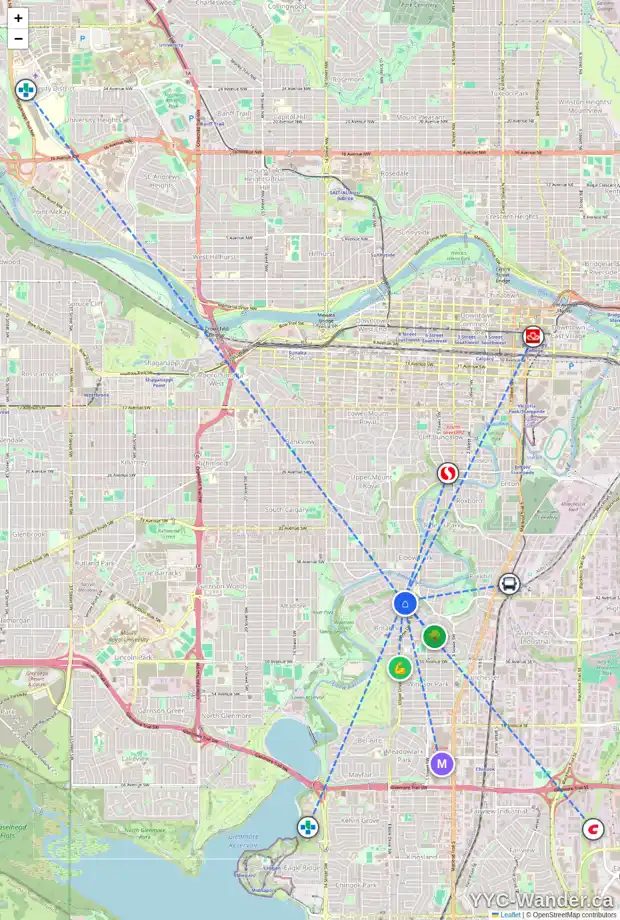 Daily accessibility map for 4219 BRITANNIA DR SW, Calgary showing nearby schools, grocery stores, parks, LRT stations and nearby amenities