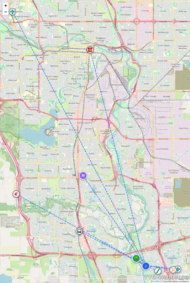 Daily accessibility map for 90 CRANLEIGH TC SE, Calgary showing nearby schools, grocery stores, parks, LRT stations and nearby amenities