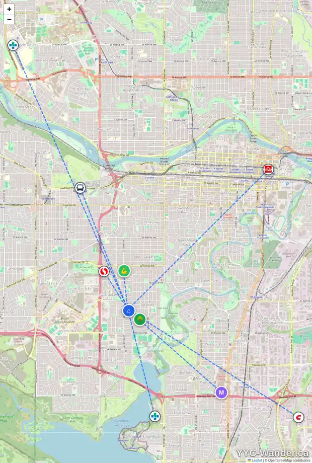 Daily accessibility map for 2027 44 AV SW, Calgary showing nearby schools, grocery stores, parks, LRT stations and nearby amenities