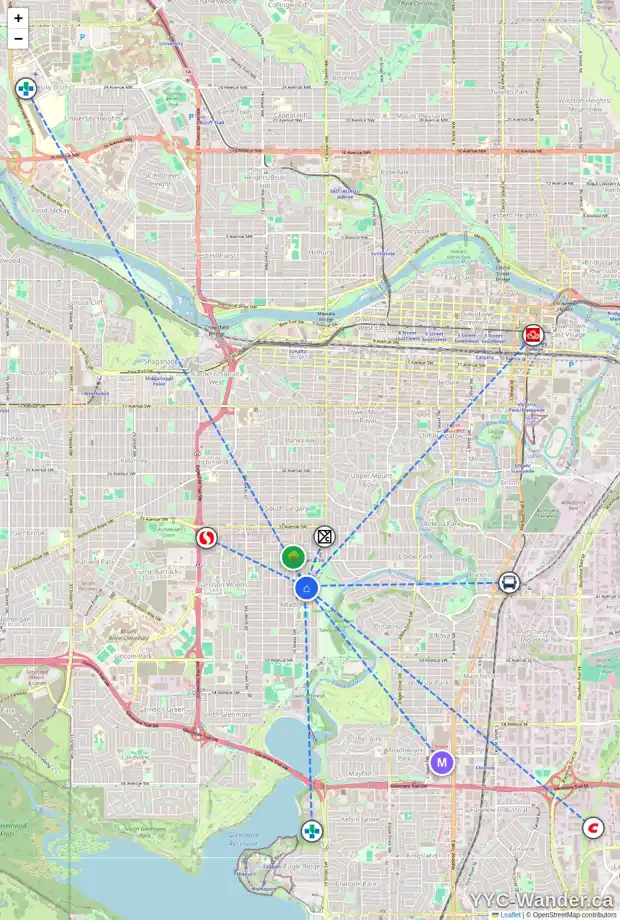 Daily accessibility map for 4128 15A ST SW, Calgary showing nearby schools, grocery stores, parks, LRT stations and nearby amenities